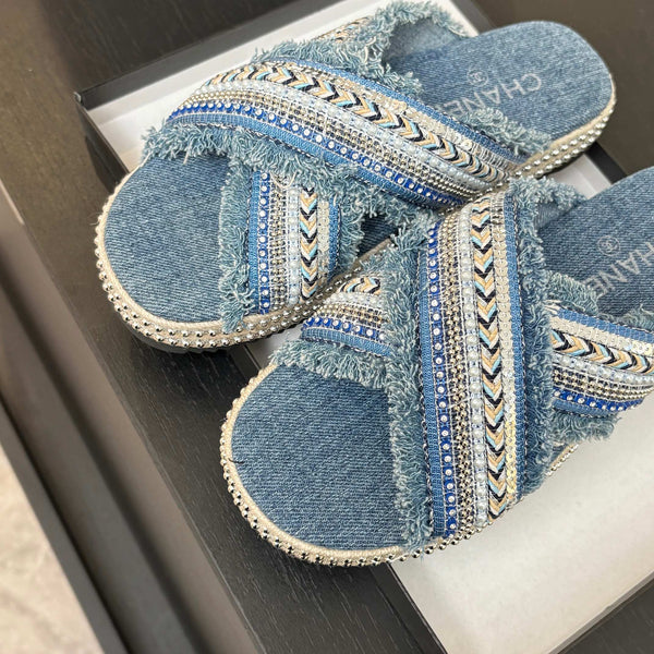 CC 25C Thick-Soled Slipper In Black Denim Steel Blue Fabric 213232