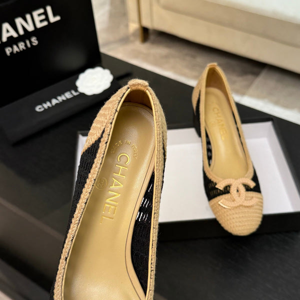 CC 25P Ballet Heel 50mm Black Beige Raffia Large Logo