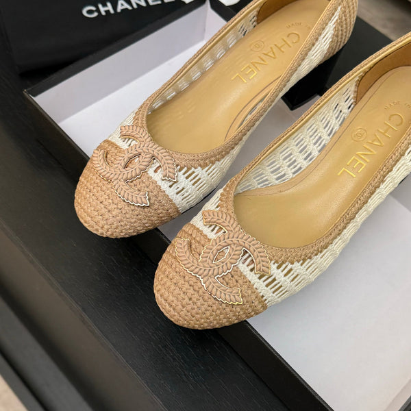CC 25P Ballet Heel 50mm White Beige Raffia Large Logo