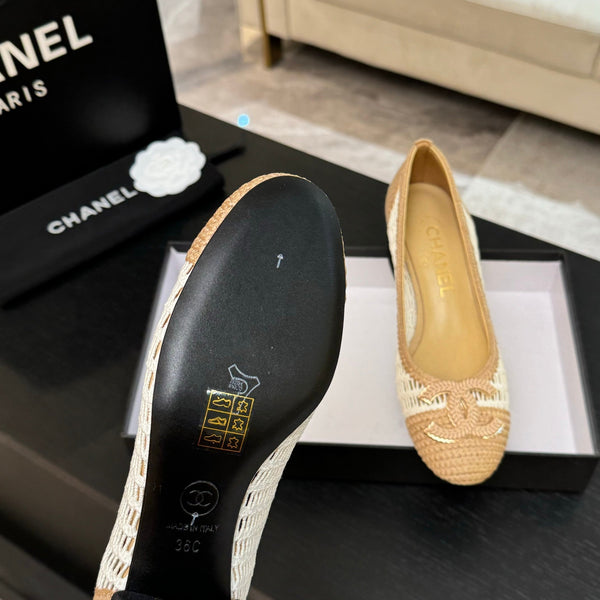 CC 25P Ballet Heel 50mm White Beige Raffia Large Logo