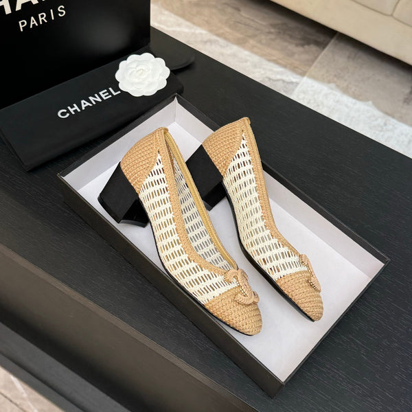 CC 25P Ballet Heel 50mm White Beige Raffia Large Logo