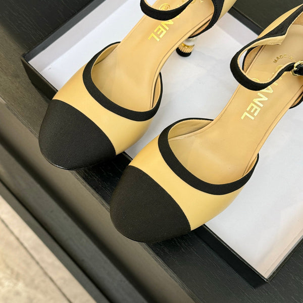 CC 25S Slingback 85mm Beige Calfskin Black Grosgrain