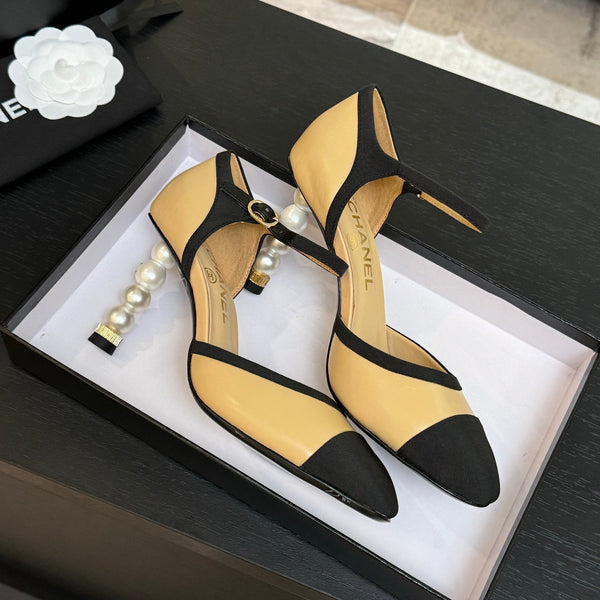 CC 25S Slingback 85mm Beige Calfskin Black Grosgrain