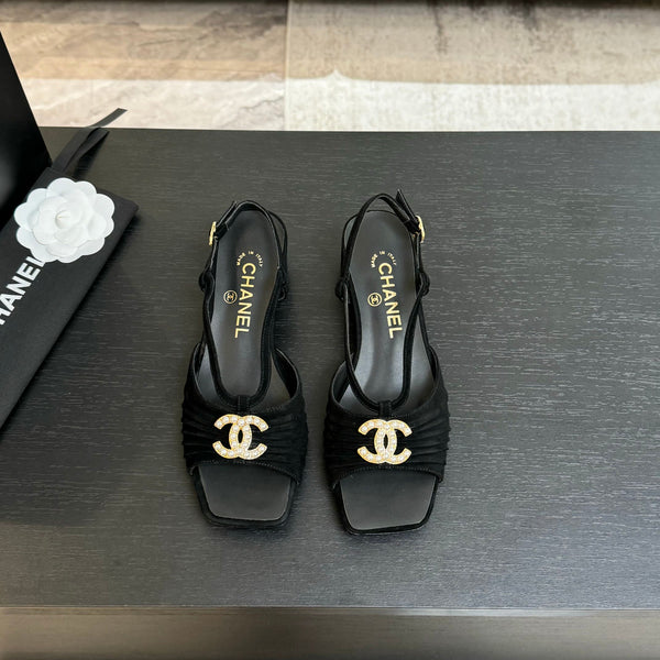 CC 25S Sandal Heel 50mm Black Suede Kidskin Pearl Logo
