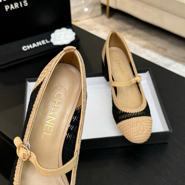CC 25P Mary Jane 50mm Beige Black Raffia 373791