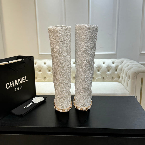 CC 25B High Boots White Lace With Chain Black Grosgrain 373805