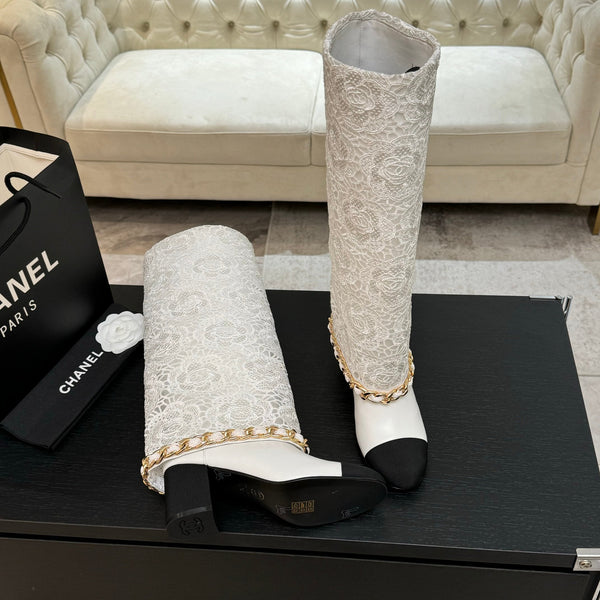 CC 25B High Boots White Lace With Chain Black Grosgrain 373805