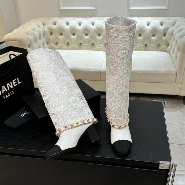 CC 25B High Boots White Lace With Chain Black Grosgrain 373805