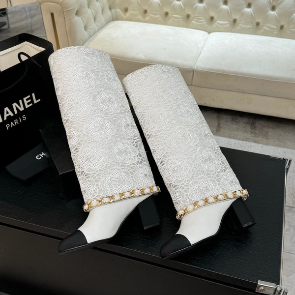 CC 25B High Boots White Lace With Chain Black Grosgrain 373805