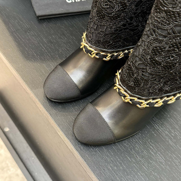 CC 25B High Boots Black Lace With Chain And Grosgrain 373806