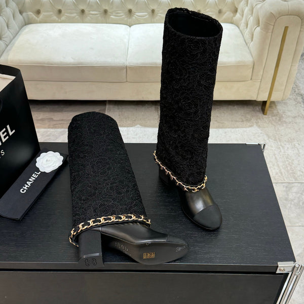 CC 25B High Boots Black Lace With Chain And Grosgrain 373806