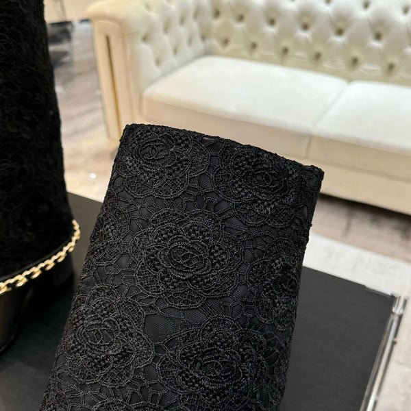 CC 25B High Boots Black Lace With Chain And Grosgrain 373806