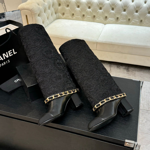 CC 25B High Boots Black Lace With Chain And Grosgrain 373806