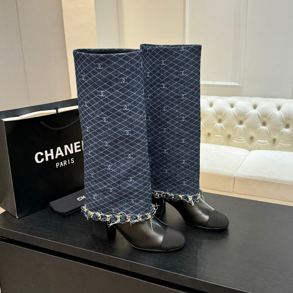 CC 25B High Boots Navy Blue Denim With Chain Black Grosgrain 373807