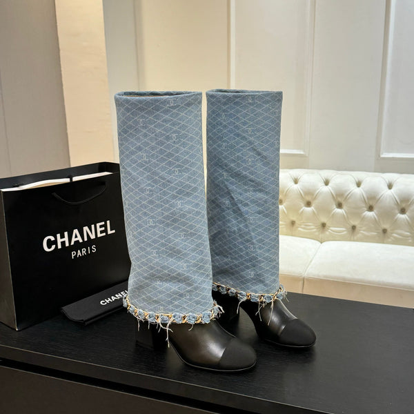 CC 25B High Boots Light Blue Denim With Chain Black Grosgrain 373808