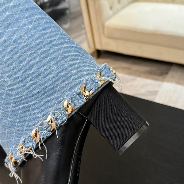 CC 25B High Boots Light Blue Denim With Chain Black Grosgrain 373808