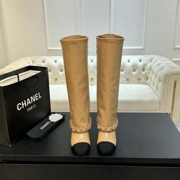 CC 25B High Boots Beige Sheepskin With Chain Black Grosgrain 373809