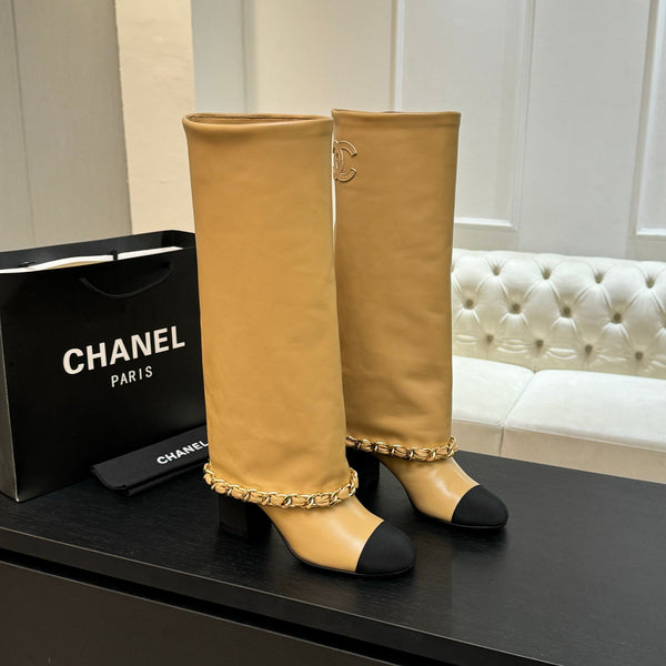 CC 25B High Boots Beige Sheepskin With Chain Black Grosgrain 373809