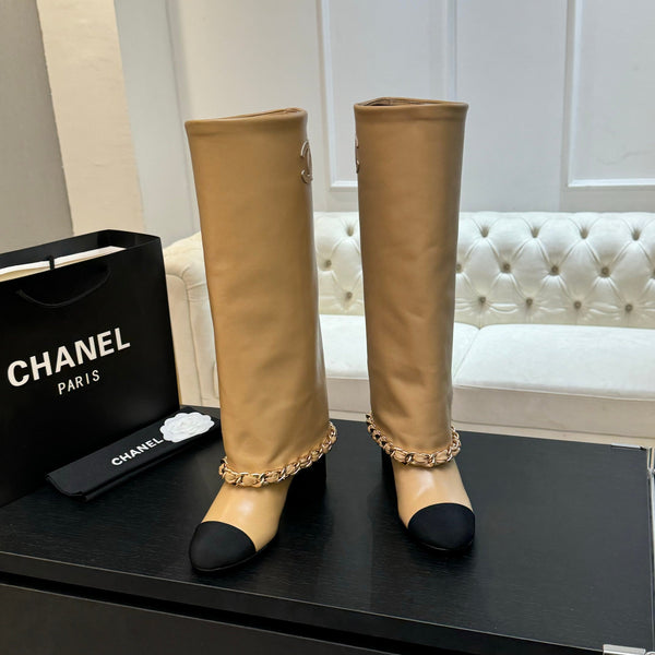 CC 25B High Boots Beige Sheepskin With Chain Black Grosgrain 373809