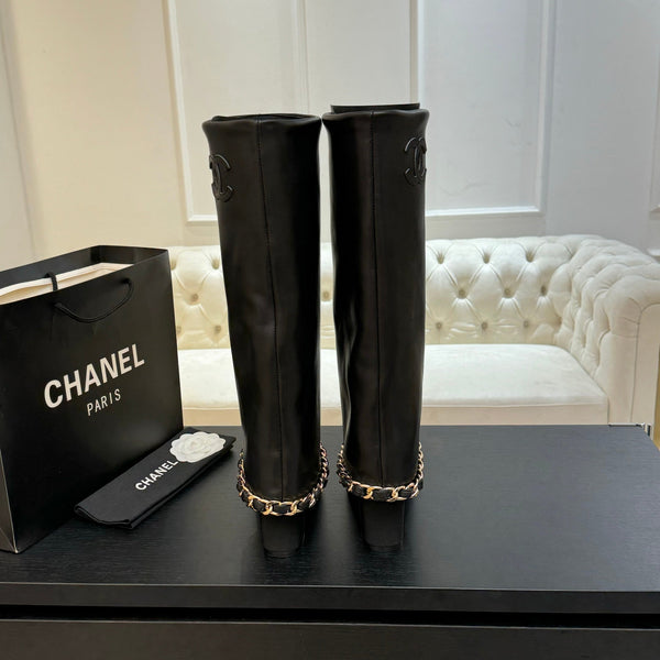 CC 25B High Boots Black Sheepskin With Chain Black Grosgrain 373810