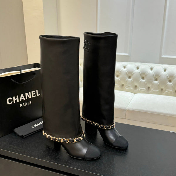 CC 25B High Boots Black Sheepskin With Chain Black Grosgrain 373810