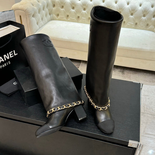 CC 25B High Boots Black Sheepskin With Chain Black Grosgrain 373810