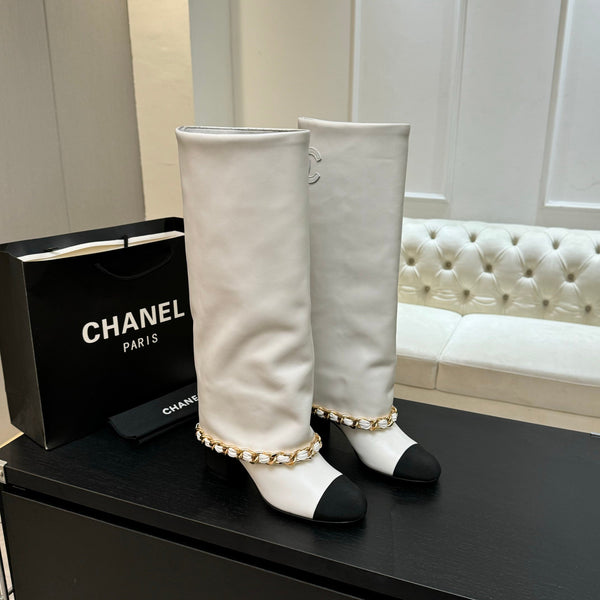CC 25B High Boots White Sheepskin With Chain Black Grosgrain 373811