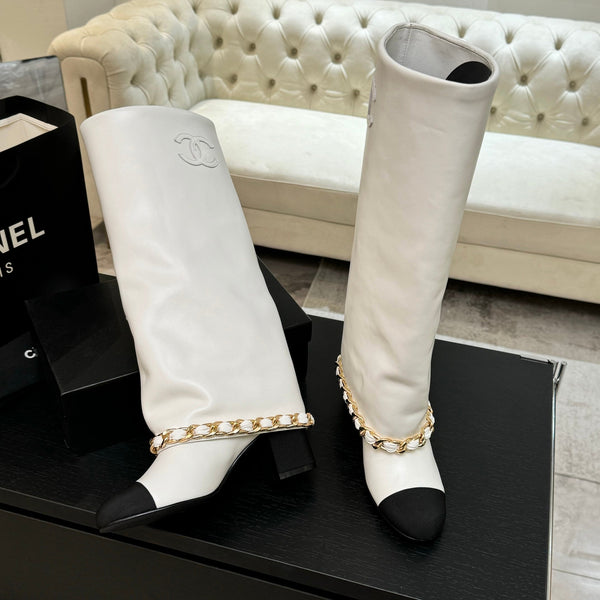 CC 25B High Boots White Sheepskin With Chain Black Grosgrain 373811