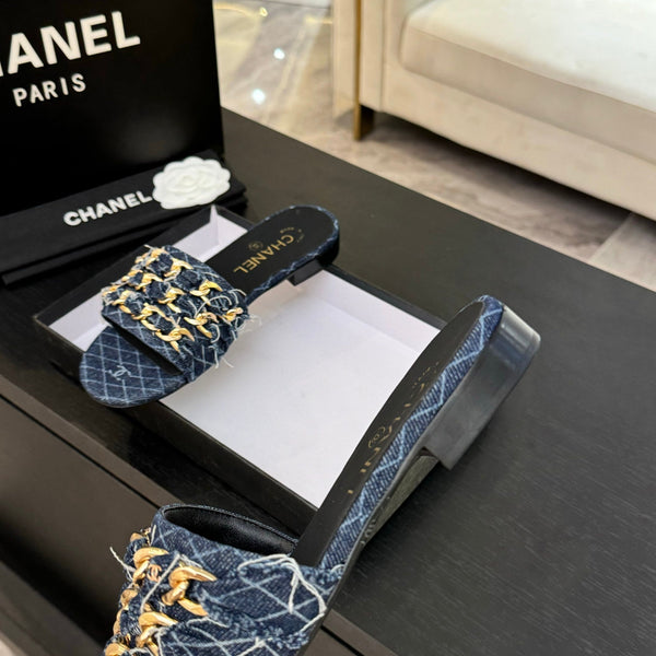 CC 25B Flat Mule Sandals Navy Blue Denim With Chain 373812