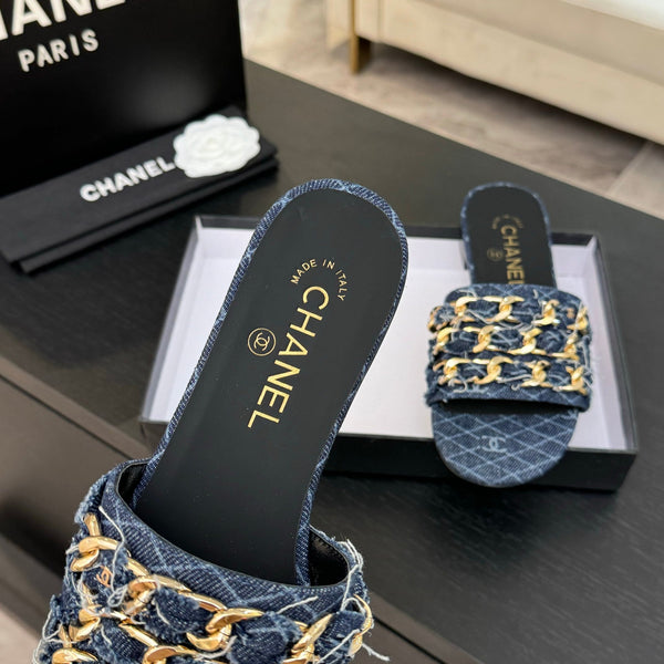 CC 25B Flat Mule Sandals Navy Blue Denim With Chain 373812