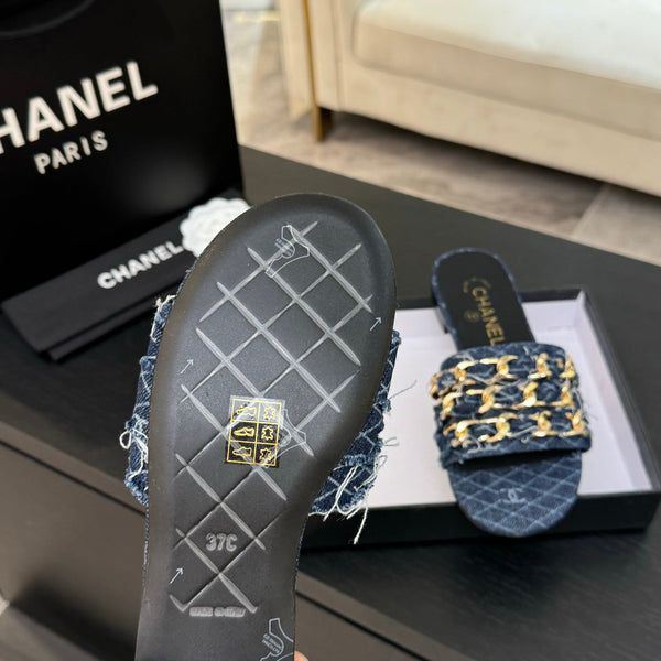 CC 25B Flat Mule Sandals Navy Blue Denim With Chain 373812