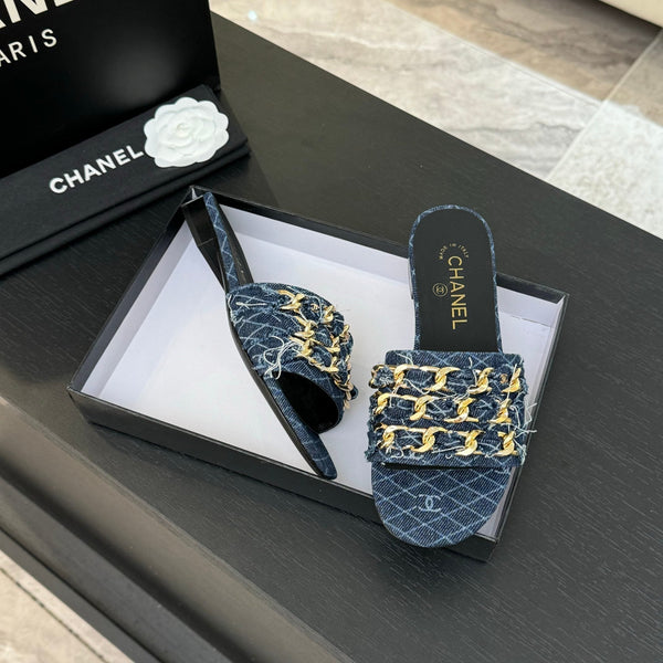 CC 25B Flat Mule Sandals Navy Blue Denim With Chain 373812