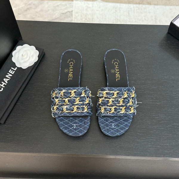 CC 25B Flat Mule Sandals Navy Blue Denim With Chain 373812