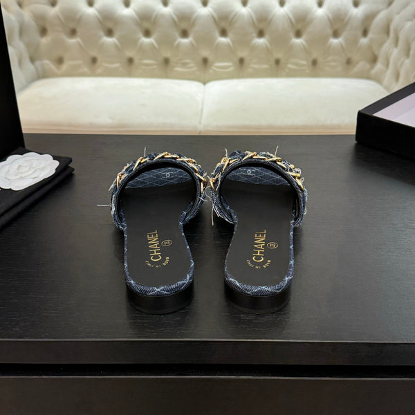 CC 25B Flat Mule Sandals Navy Blue Denim With Chain 373812