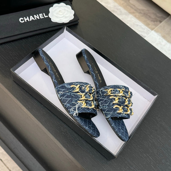 CC 25B Flat Mule Sandals Navy Blue Denim With Chain 373812