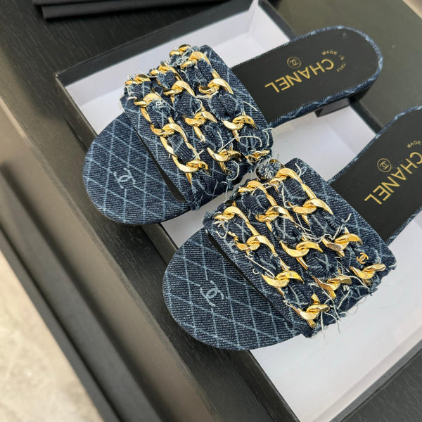 CC 25B Flat Mule Sandals Navy Blue Denim With Chain 373812