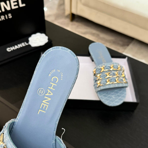 CC 25B Flat Mule Sandals Light Blue Denim With Chain 373813