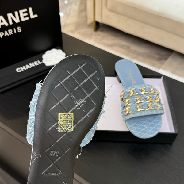 CC 25B Flat Mule Sandals Light Blue Denim With Chain 373813