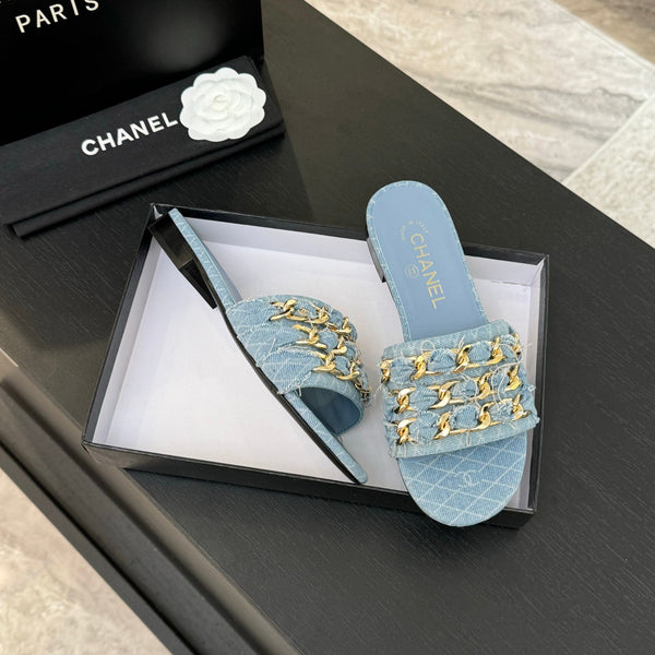 CC 25B Flat Mule Sandals Light Blue Denim With Chain 373813