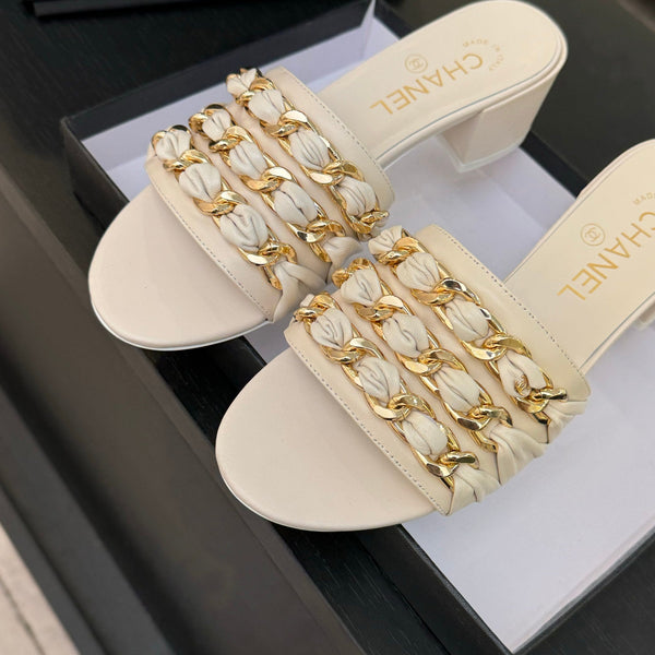 CC 25B Heel Mule Sandals 50mm Ivory Sheepskin With Chain 373817