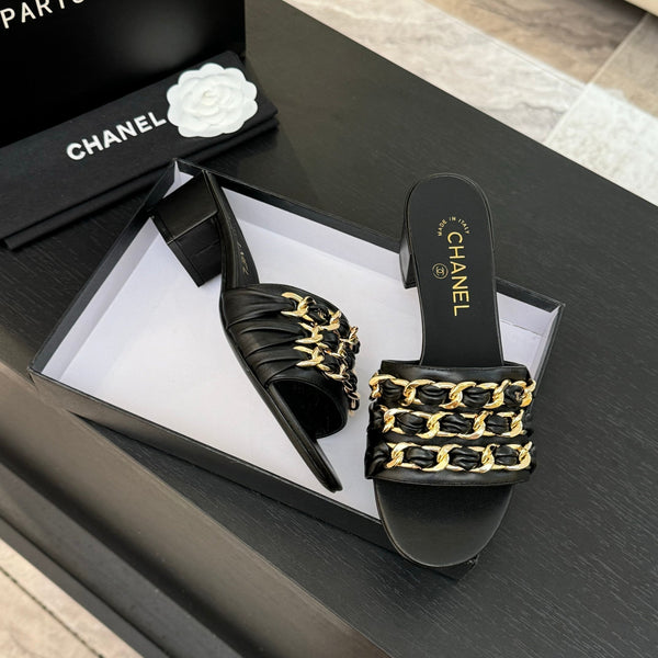 CC 25B Heel Mule Sandals 50mm Black Sheepskin With Chain 373819