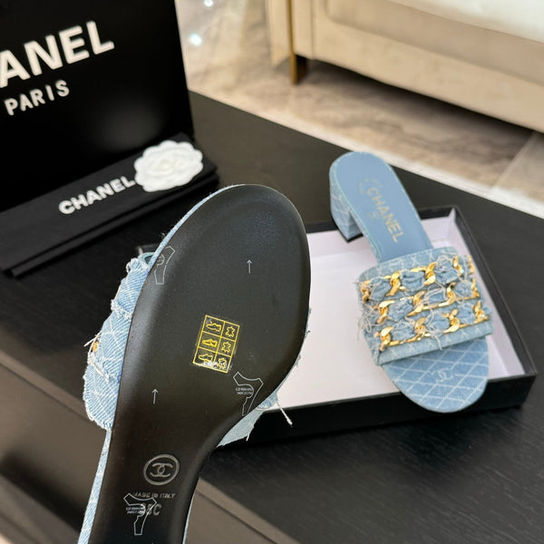 CC 25B Heel Mule Sandals 50mm Light Blue Denim With Chain 373820