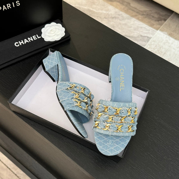 CC 25B Heel Mule Sandals 50mm Light Blue Denim With Chain 373820