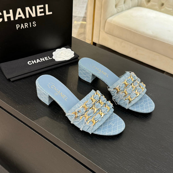 CC 25B Heel Mule Sandals 50mm Light Blue Denim With Chain 373820