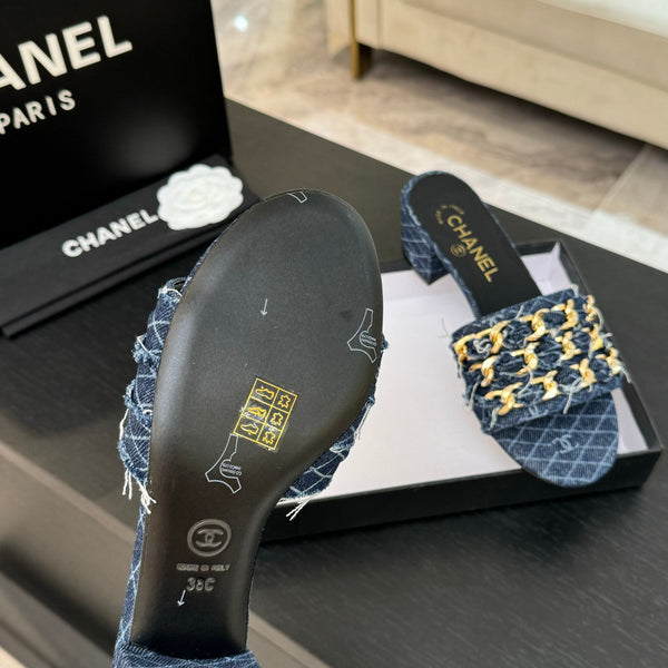 CC 25B Heel Mule Sandals 50mm Navy Blue Denim With Chain 373821