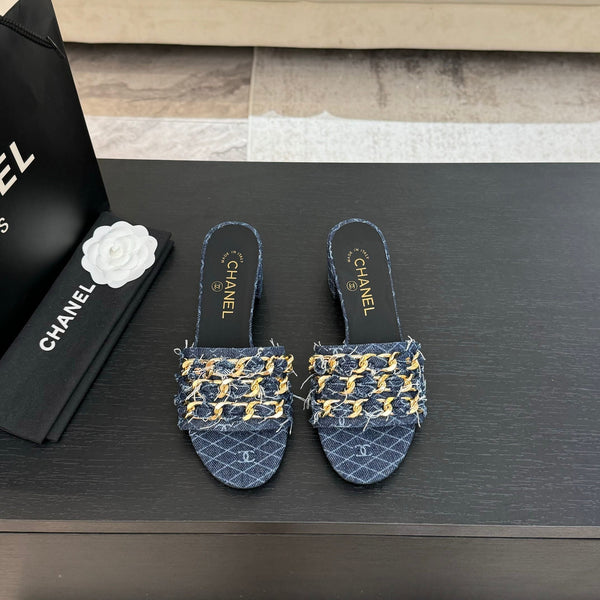 CC 25B Heel Mule Sandals 50mm Navy Blue Denim With Chain 373821