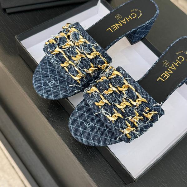 CC 25B Heel Mule Sandals 50mm Navy Blue Denim With Chain 373821