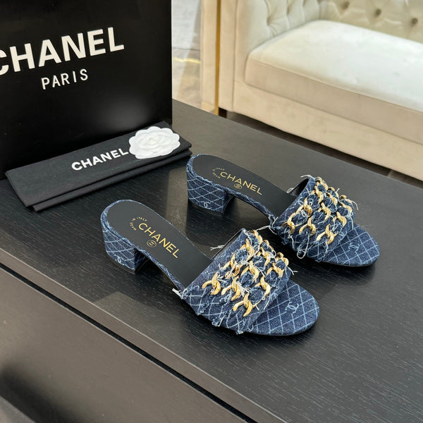 CC 25B Heel Mule Sandals 50mm Navy Blue Denim With Chain 373821