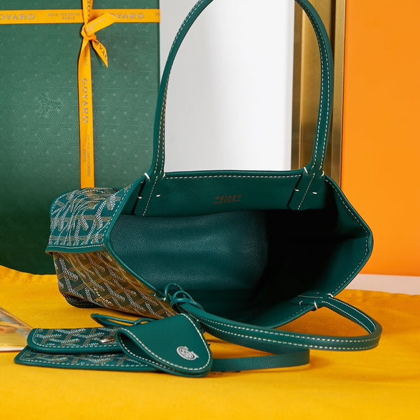 ANJOU MINI BAG 20 IN GREEN GOYARDINE CANVAS AND CALFSKIN WITH CARTOON PATCH