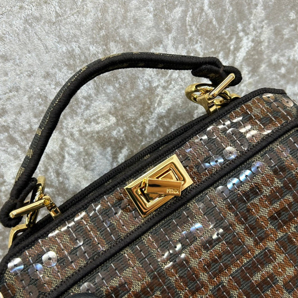 BORSA FENDI PEEKABOO ISEEU 20 IN PELLE NAPPA NERA MISTA MARRONE CIOCCOLATO CON FERRAMENTA ORO